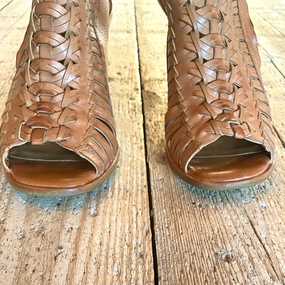 Paul Green Miranda Tan Leather Woven Peep Toe Booties Block Heel US 8 UK 5.5 - Picture 4 of 12